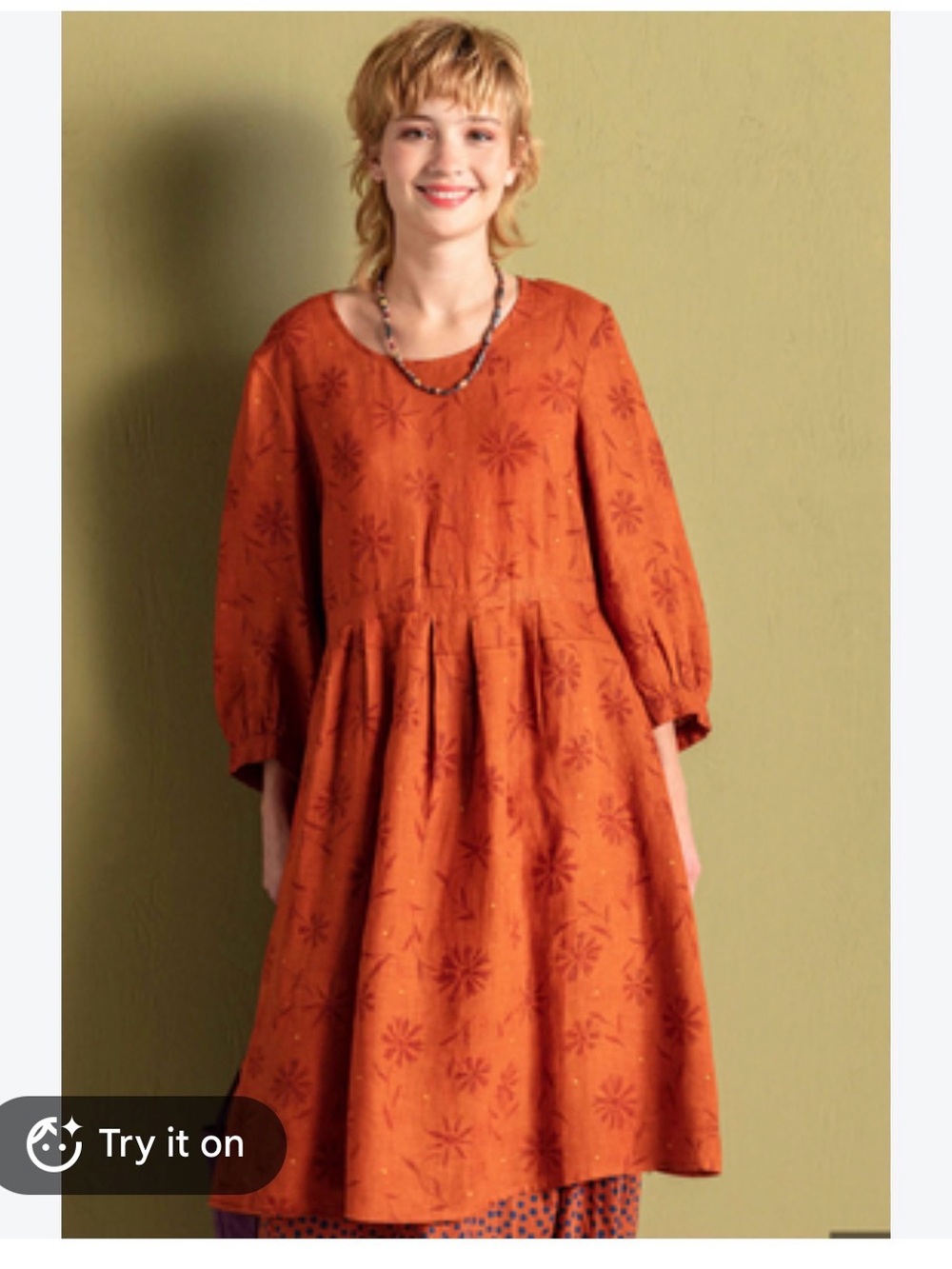 Gudrun Sjoden Leia Dress 100% linen burnt orange long sleeve size large